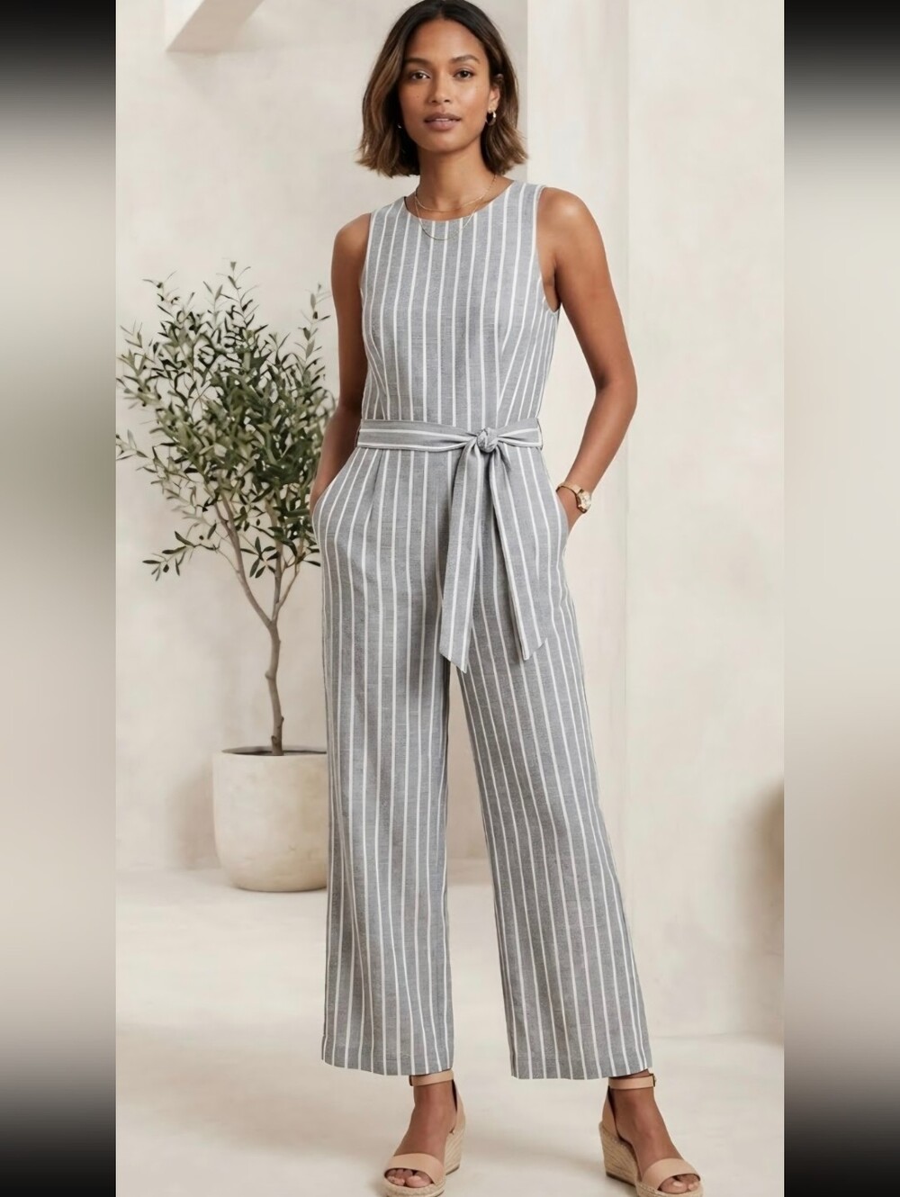 Banana Republic Navy and White Striped Sleeveless Tie-Waist Jumpsuit, 8 Tall